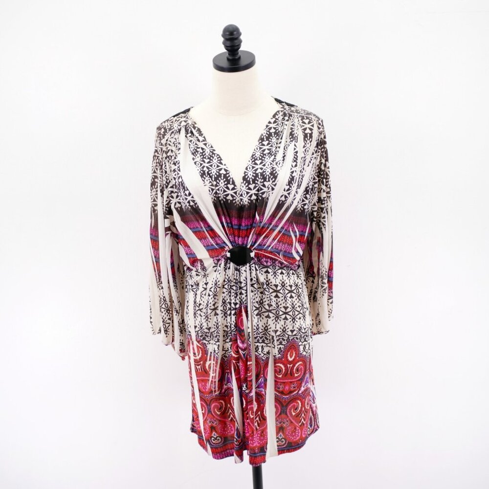 Style‎ & Co. Large V-Neck Wrap Dress Lace Back Line Black Red Geometric Flutter